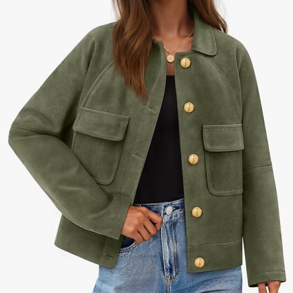 Stylish Olive Utility Jacket with Gold Accents